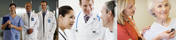 Image of three photo filmstrip - doctors and care teams plus doctor and patient