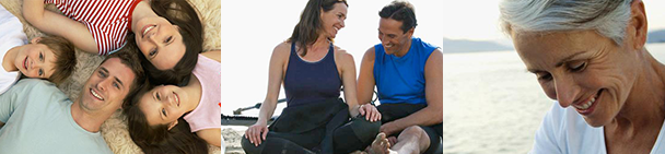 Image of three photo filmstrip - happy family, couple and woman all living healthy lives